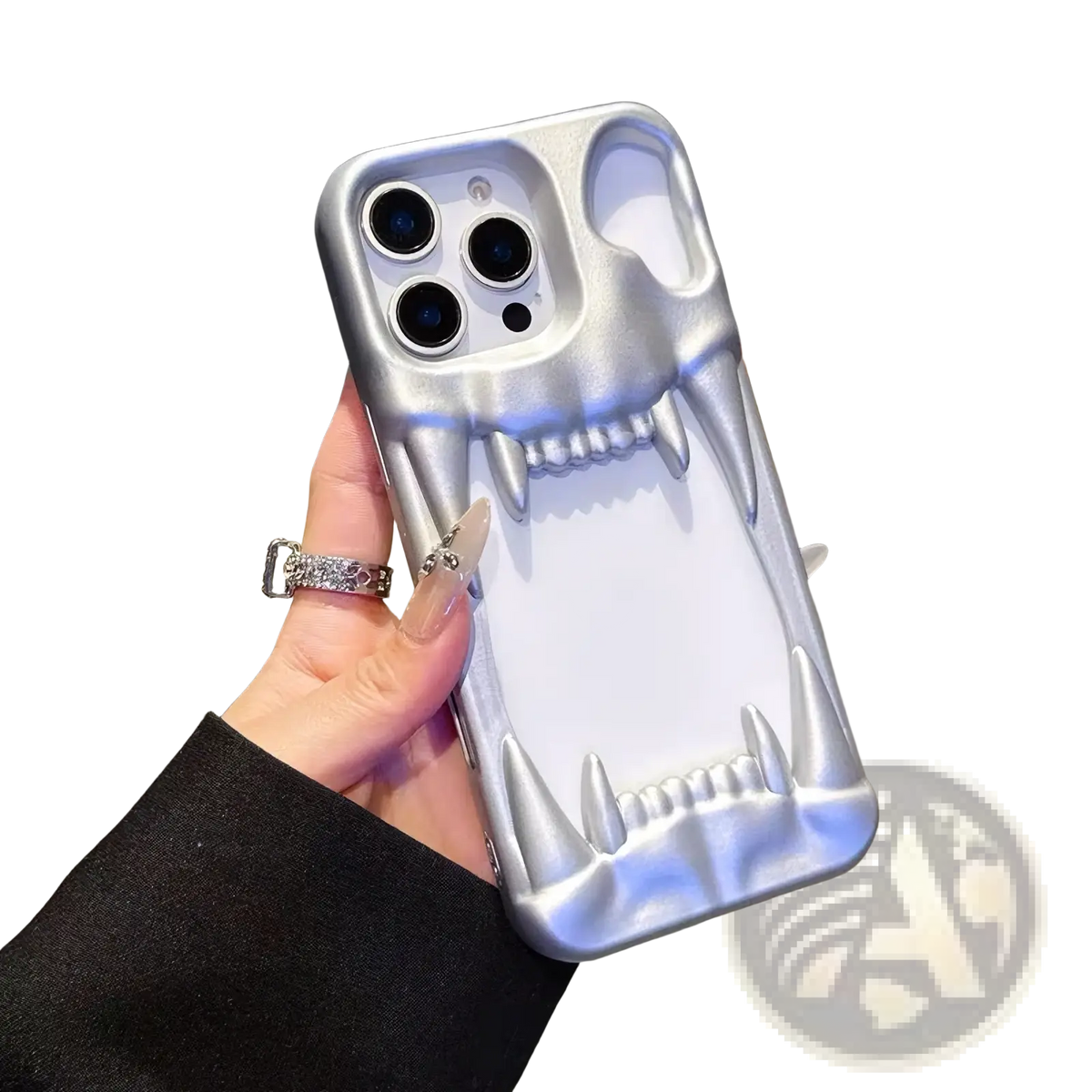 Back view of silver tiger tooth hollow iPhone phone case with sharp protruding teeth and glossy finish