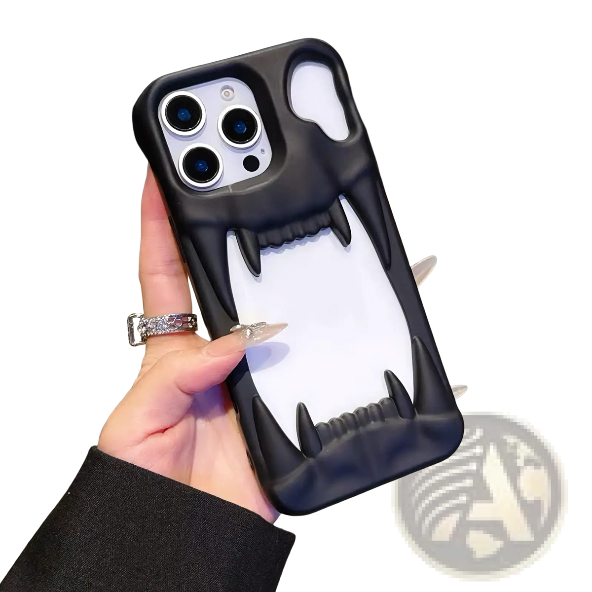 Black and white skull-themed tiger tooth hollow phone case for iphone with sharp protruding teeth design on the back side