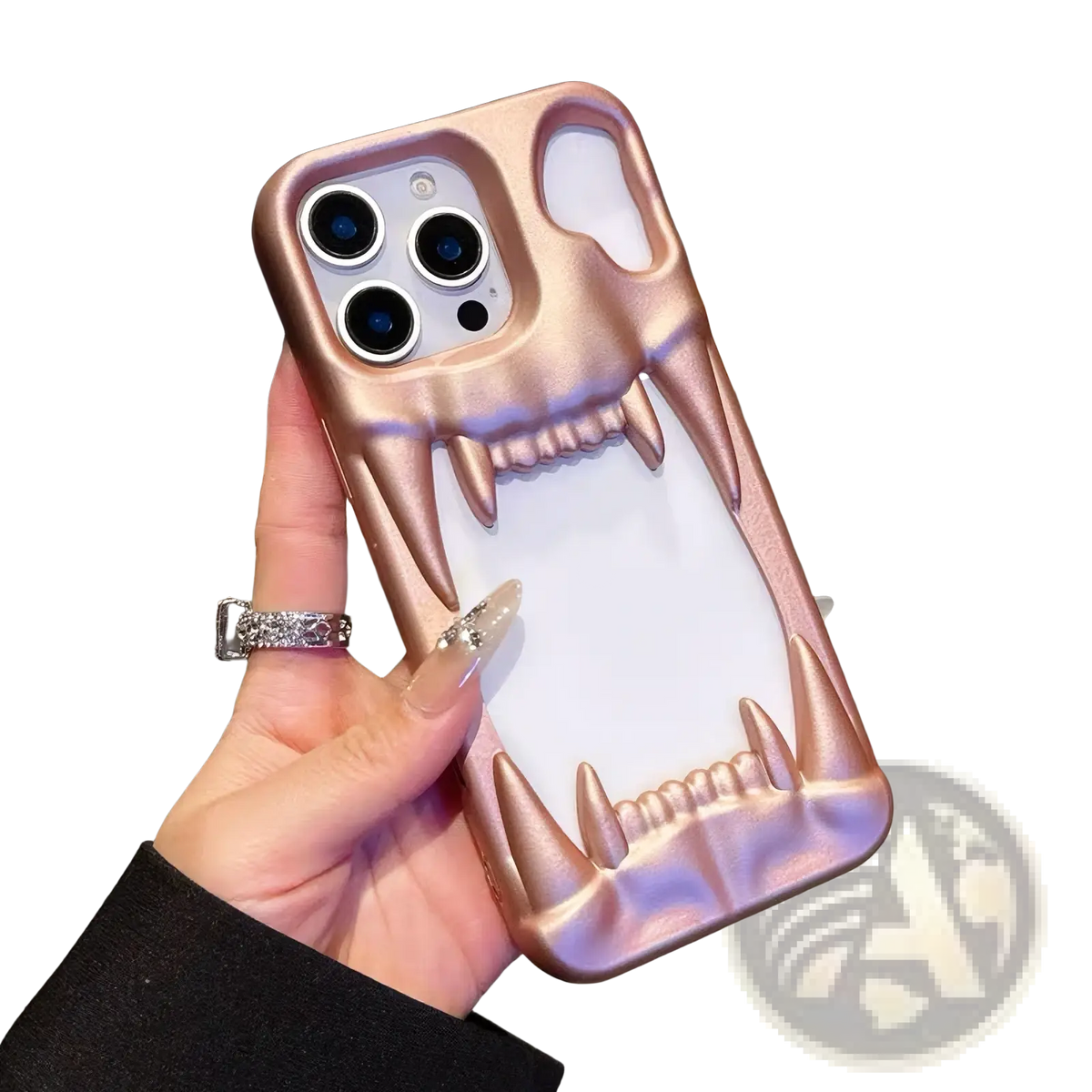 Rose gold tiger tooth hollow phone case for iPhone with sharp pointed teeth and glossy finish shown from the back side