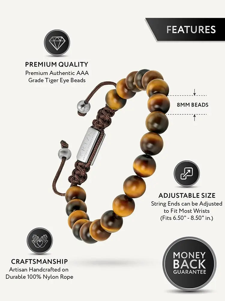 Adjustable Bali tiger eye beaded bracelet in stainless steel with golden-brown beads on durable nylon rope and silver sliders