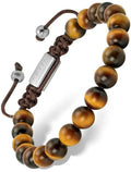 Adjustable Bali tiger eye beaded bracelet with brown stones silver toned stainless steel clasp and braided cord