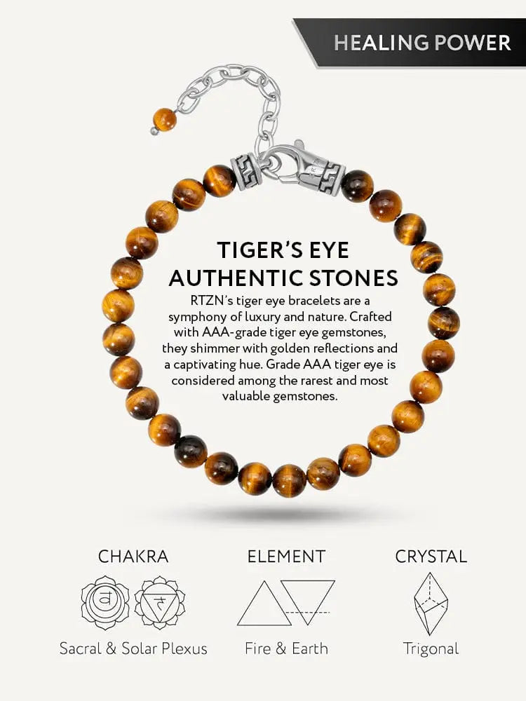 Tiger eye beaded bracelet with silver chain clasp featuring round golden brown polished tiger eye gemstones