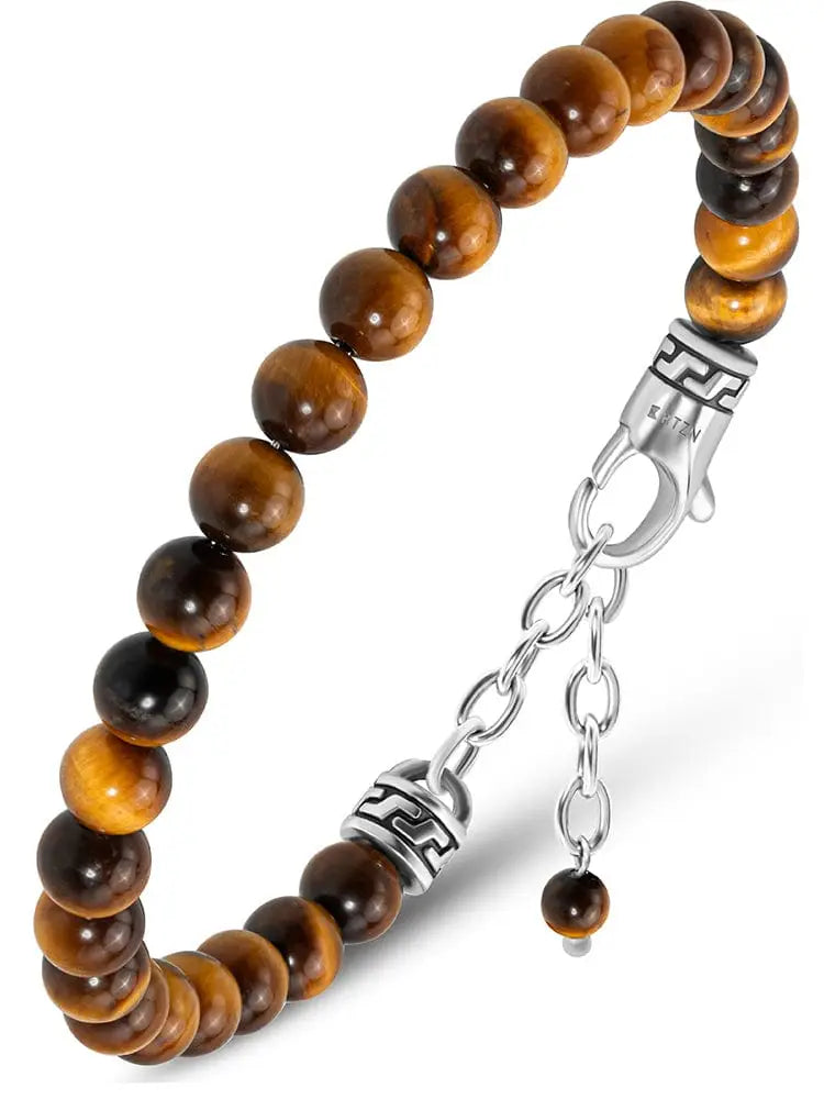 Tiger eye beaded bracelet with silver chain clasp featuring alternating brown and golden hues on polished beads