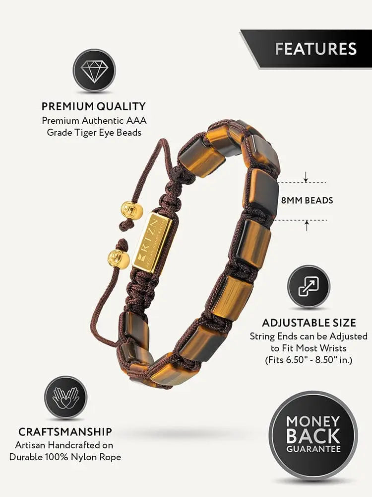 A havana tiger eye beaded bracelet with polished amber and dark brown beads accented by gold metal on nylon rope