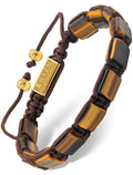 Havana tiger eye beaded bracelet with brown braided cord rectangular tiger eye stones gold-toned metal accents and branded tag