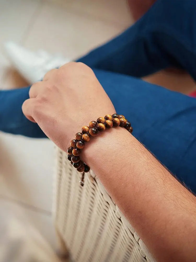 Double strand Morocco tiger eye beaded bracelet with polished golden brown tiger eye beads and natural striations