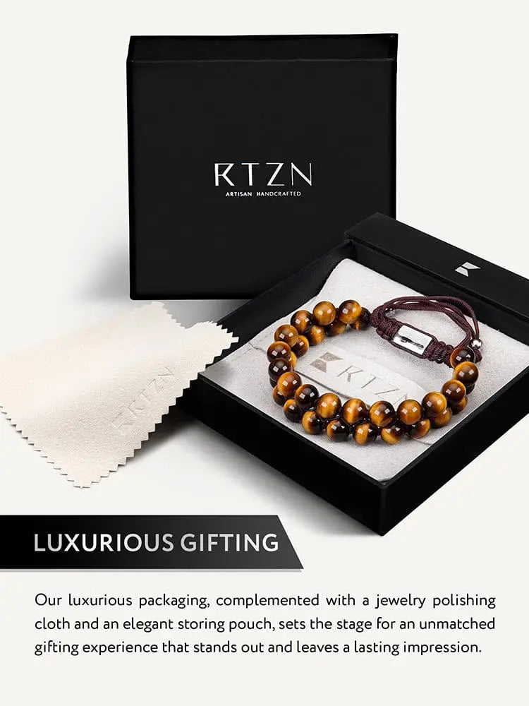 Double strand morocco tiger eye beaded bracelet with brown tiger eye beads dark brown braided cord and silver-toned clasp