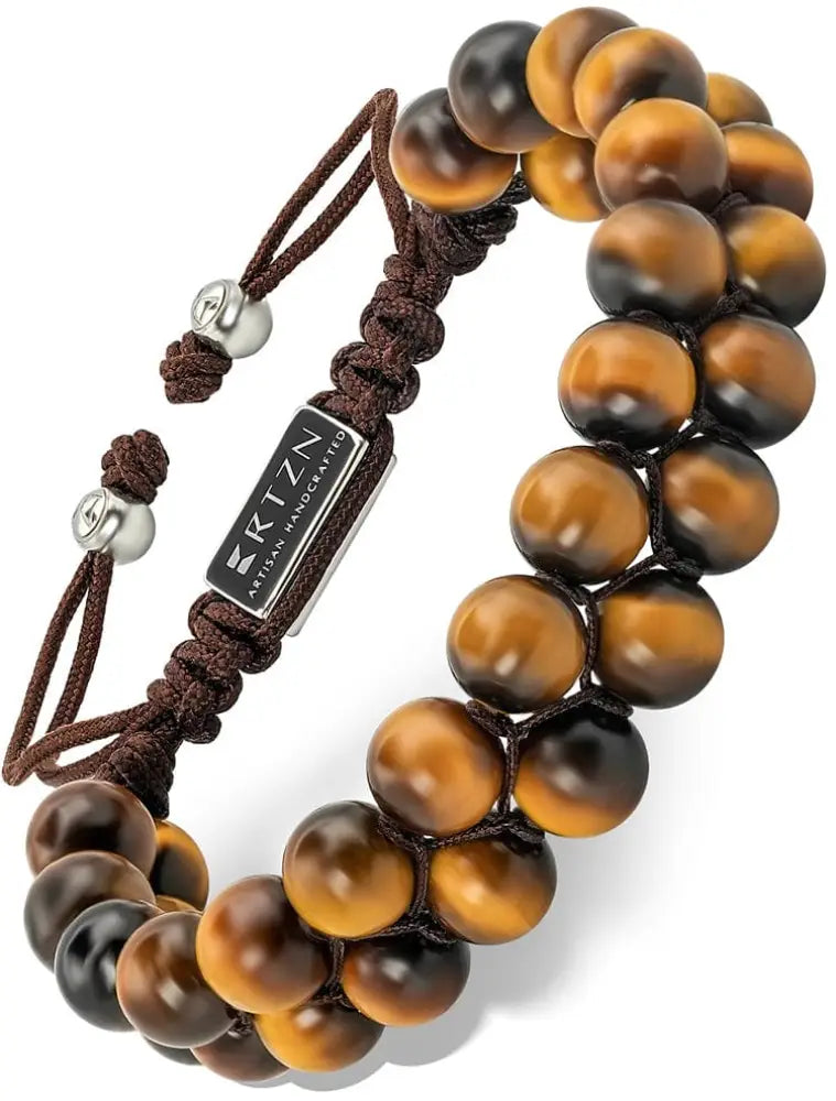 Brown double strand morocco tiger eye beaded bracelet with braided cord and silver toned metal accents
