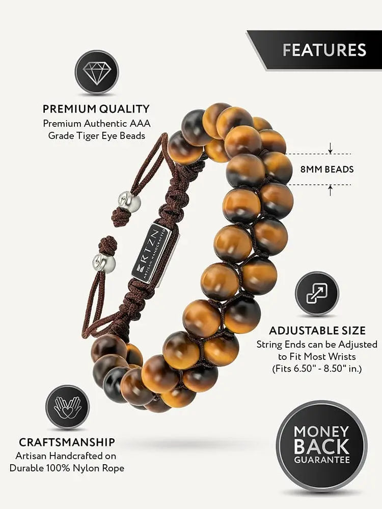Double strand morocco tiger eye beaded bracelet featuring brown tiger eye beads with adjustable nylon rope and silver clasp