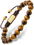 Mykonos tiger eye beaded bracelet with brown tiger eye beads gold-toned metal accents and braided cord closure