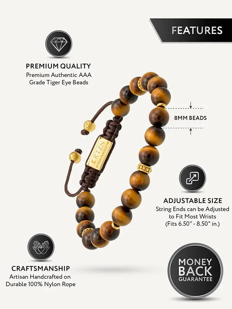 Mykonos tiger eye beaded bracelet with adjustable length, 8mm polished brown and gold beads on braided nylon cord