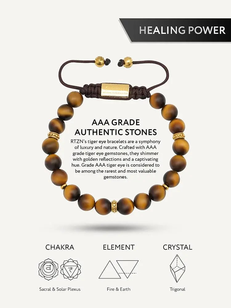 Mykonos tiger eye beaded bracelet with braided dark brown cord gold accents and polished aaa grade stones