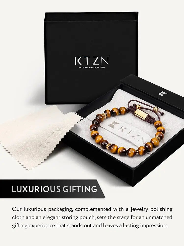 Mykonos tiger eye beaded bracelet with brown and gold beads and a braided cord closure