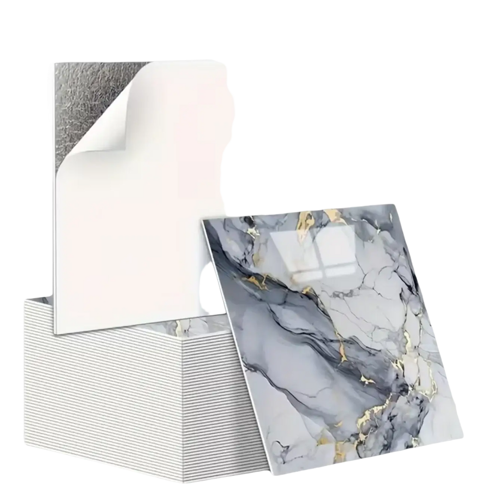 Gray and gold marble-patterned square tile stickers with glossy finish and adhesive backing for easy wall application