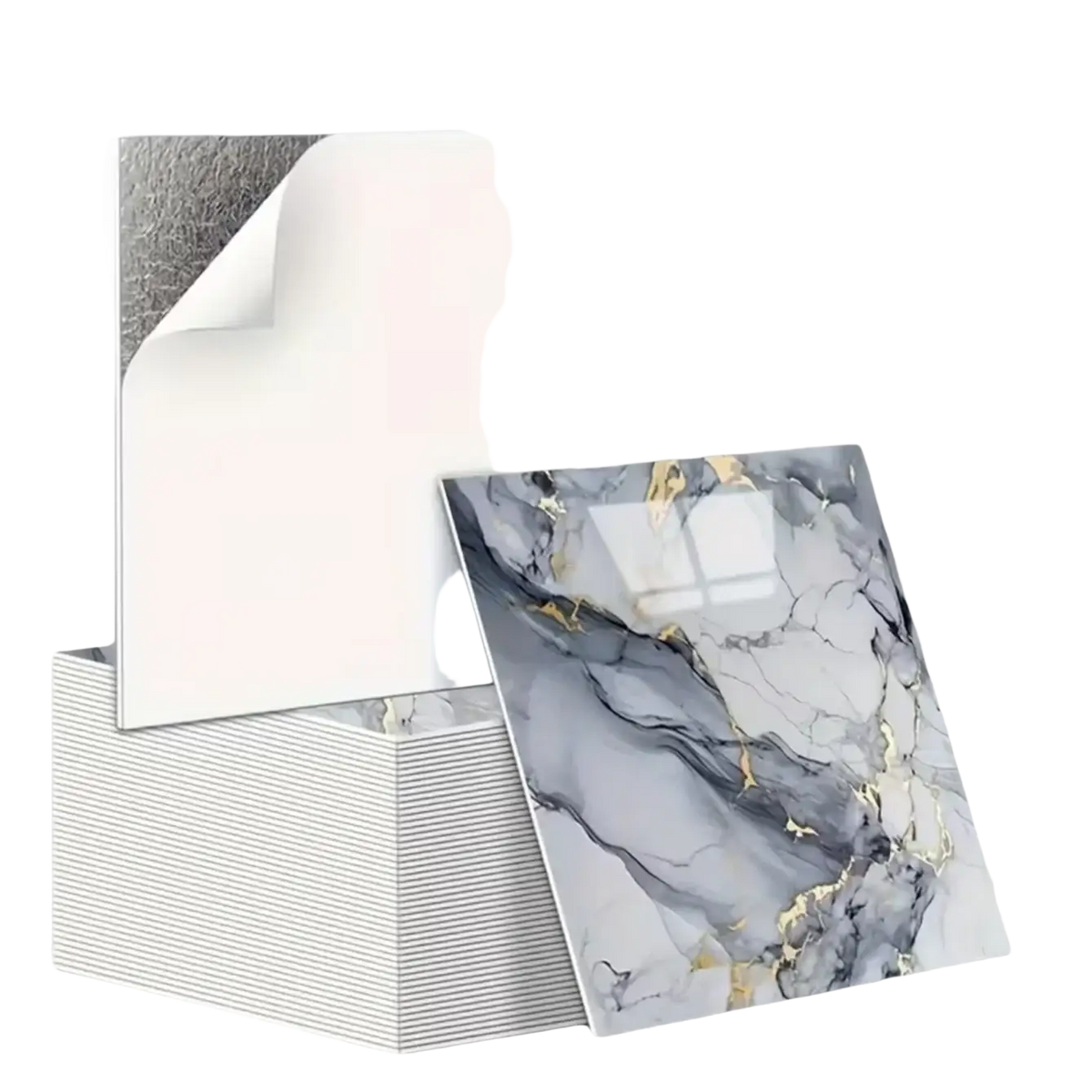 Gray and gold marble-patterned square tile stickers with glossy finish and adhesive backing for easy wall application