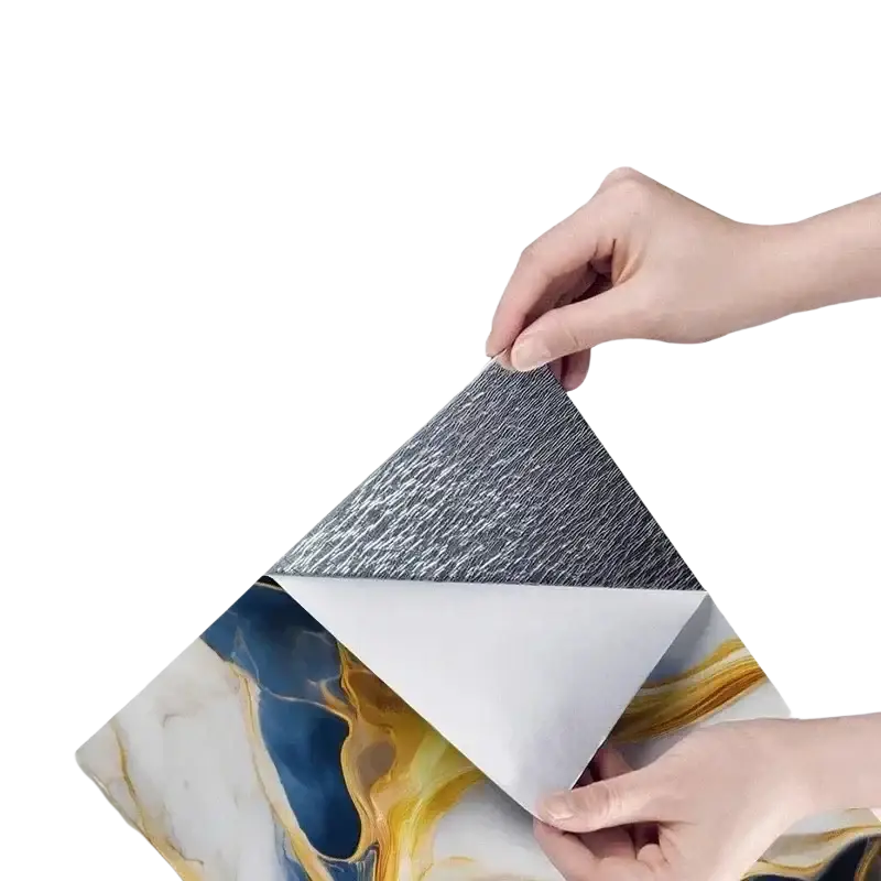 A sleek triangular metallic silver tile sticker with adhesive backing featuring a blue gold and white marble design