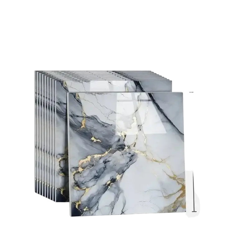 Square marble effect tile stickers with gray white and gold veining and waterproof adhesive backing panel design