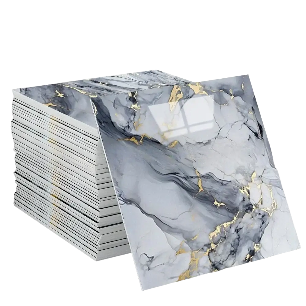 Stack of waterproof tile stickers with adhesive backing featuring glossy gray and white marble pattern with gold veining