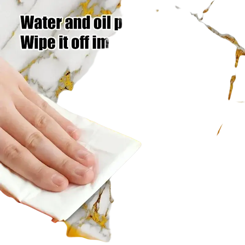 White paper towel wiping a spill on white and gold marble tile stickers with waterproof adhesive backing