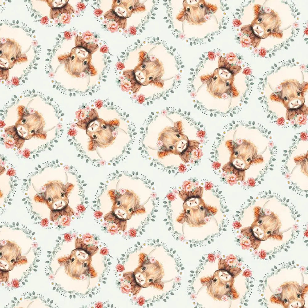 Till the cows come home vintage cotton floral dress featuring cute brown highland cow faces and floral wreaths on mint green fabric