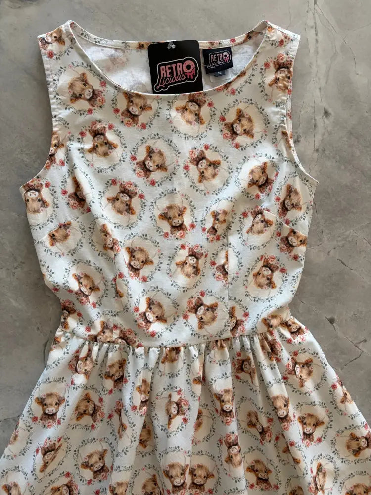 Sleeveless white vintage cotton floral dress with teddy bear pattern by Retro Lizards Till the Cows Come Home