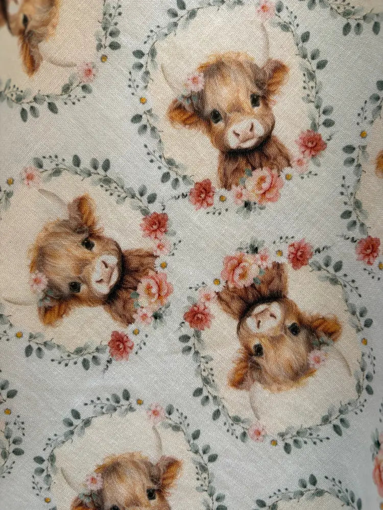 Till the Cows Come Home vintage cotton floral dress with cute brown highland calf faces on cream-colored fabric