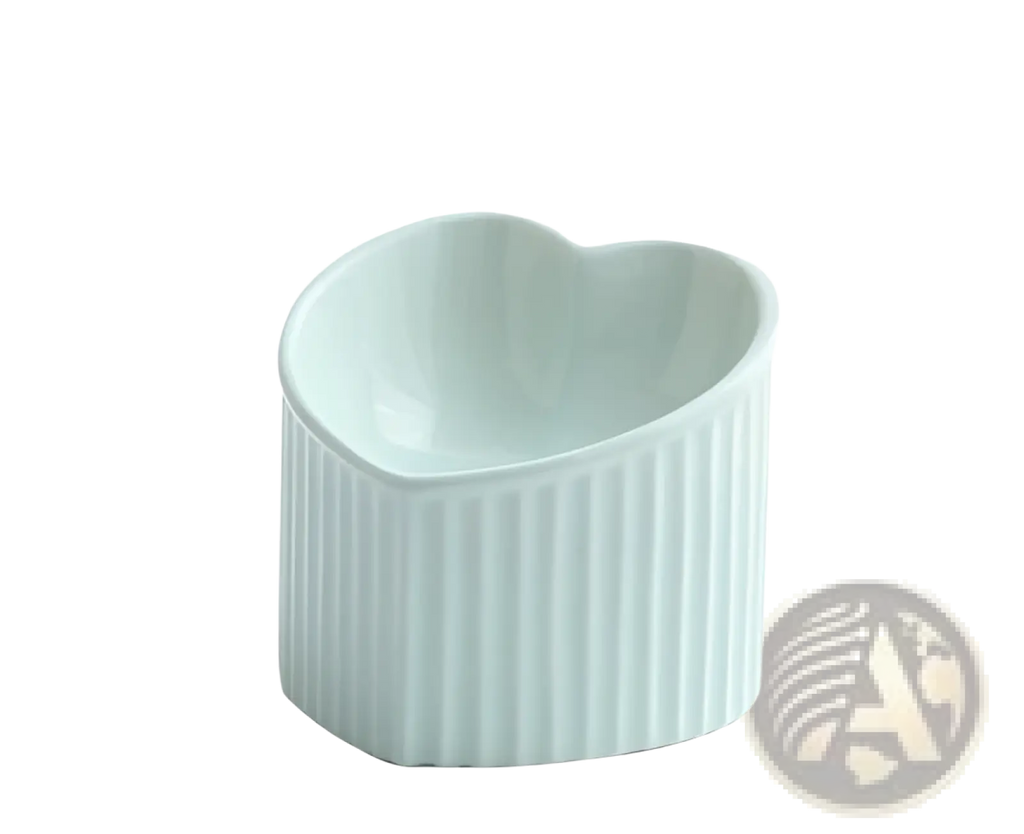 A delicate light blue ceramic cat bowl with a heart-shaped top and vertical ridged sides from a 4-pack set