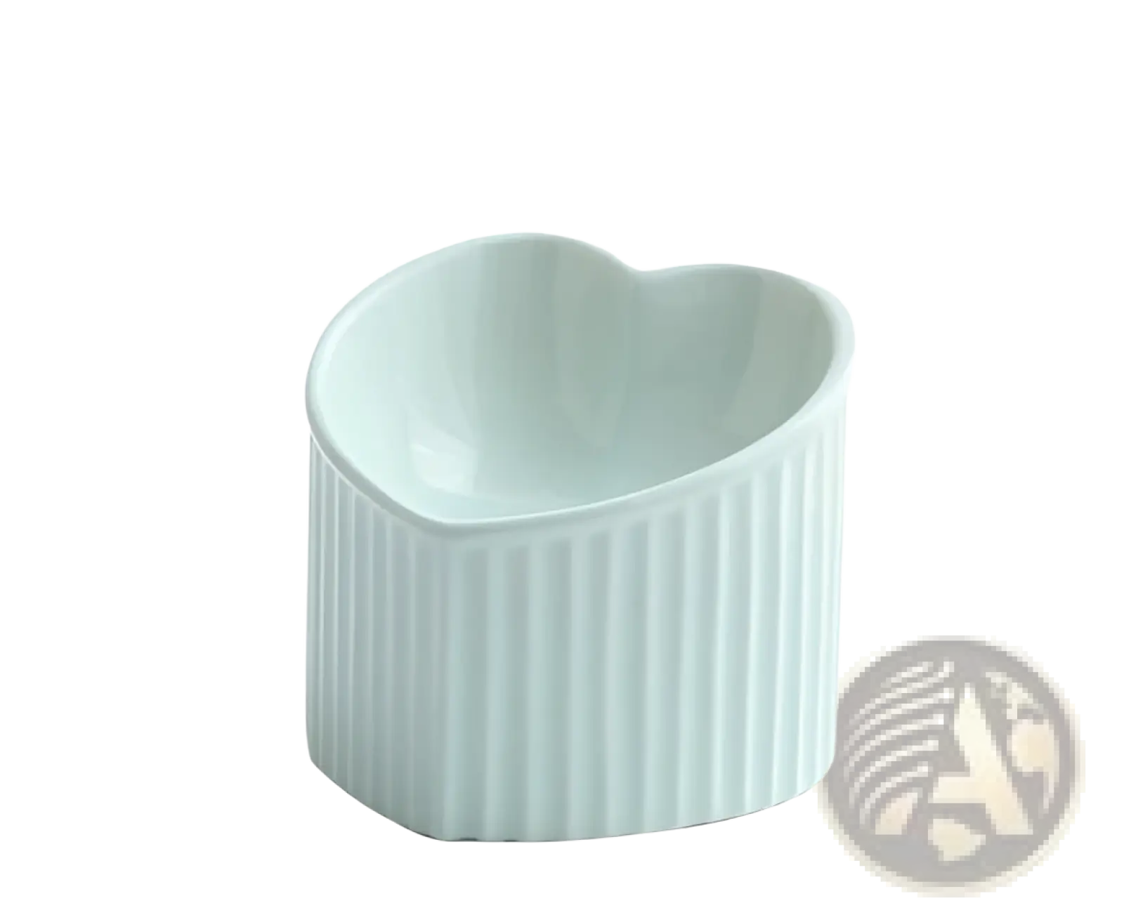 A delicate light blue ceramic cat bowl with a heart-shaped top and vertical ridged sides from a 4-pack set
