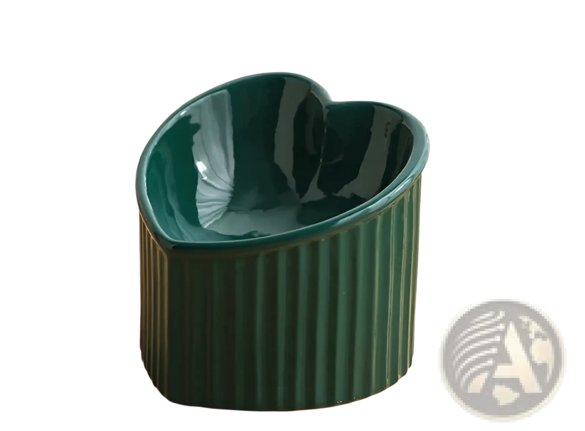 Dark green ceramic tilted cat bowl with heart-shaped design and vertical ridges, part of a 4 pack set
