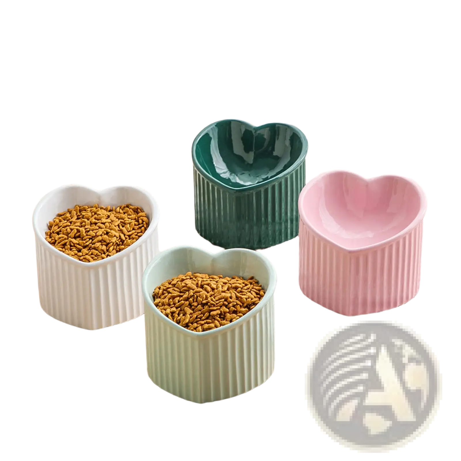 Set of four heart-shaped ceramic pet bowls in white mint green teal and pink with vertical ribbed texture for cats