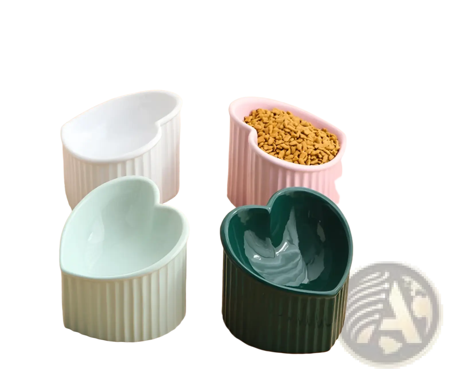 Set of four heart-shaped ceramic pet bowls in white pink mint green and dark green with vertical ribbed sides