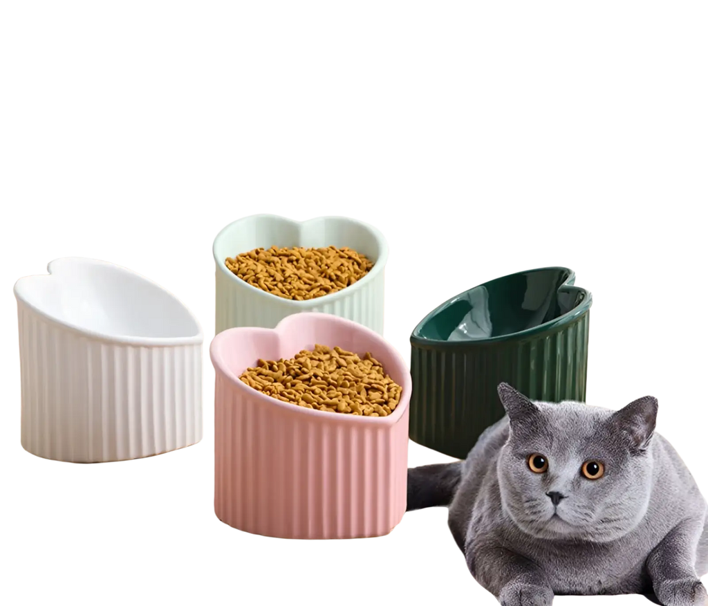 Set of four pastel-colored ribbed ceramic cat food bowls in white pink mint green and dark green titled Tilted ceramic cat bowl set 4 pack