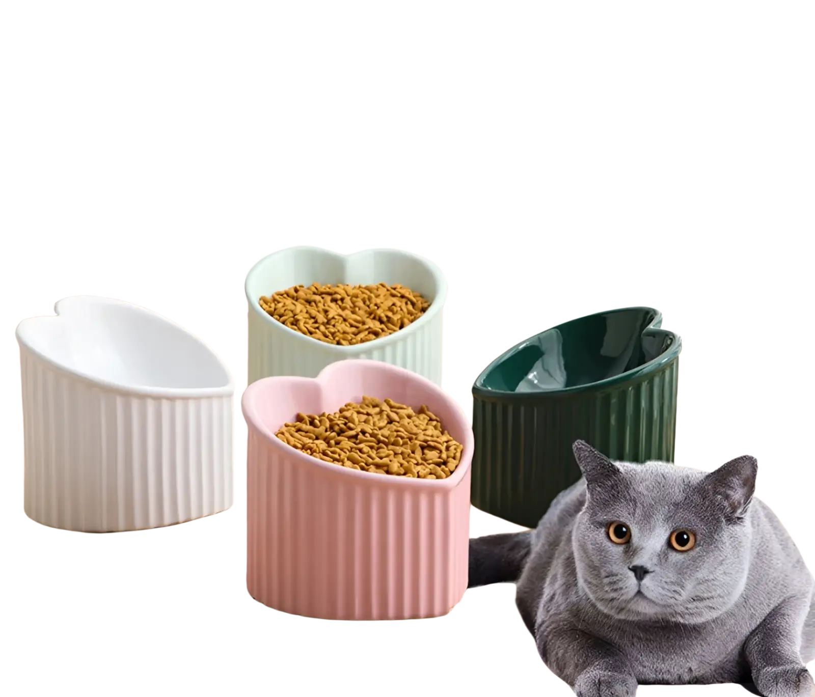 Set of four pastel-colored ribbed ceramic cat food bowls in white pink mint green and dark green titled Tilted ceramic cat bowl set 4 pack