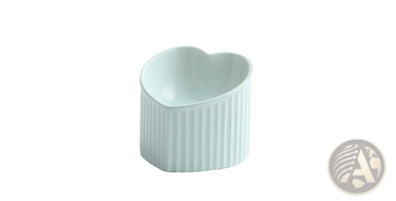 A light blue ceramic cat bowl with vertical ridges and a heart-shaped top from the tilted ceramic cat bowl set