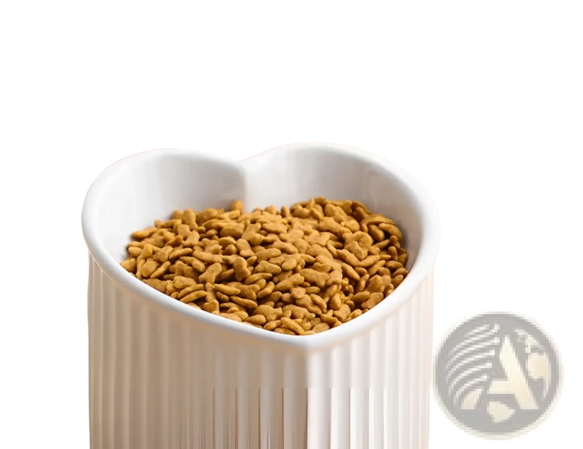 White heart-shaped ceramic pet food bowl filled with brown kibble from tilted ceramic cat bowl set 4 pack