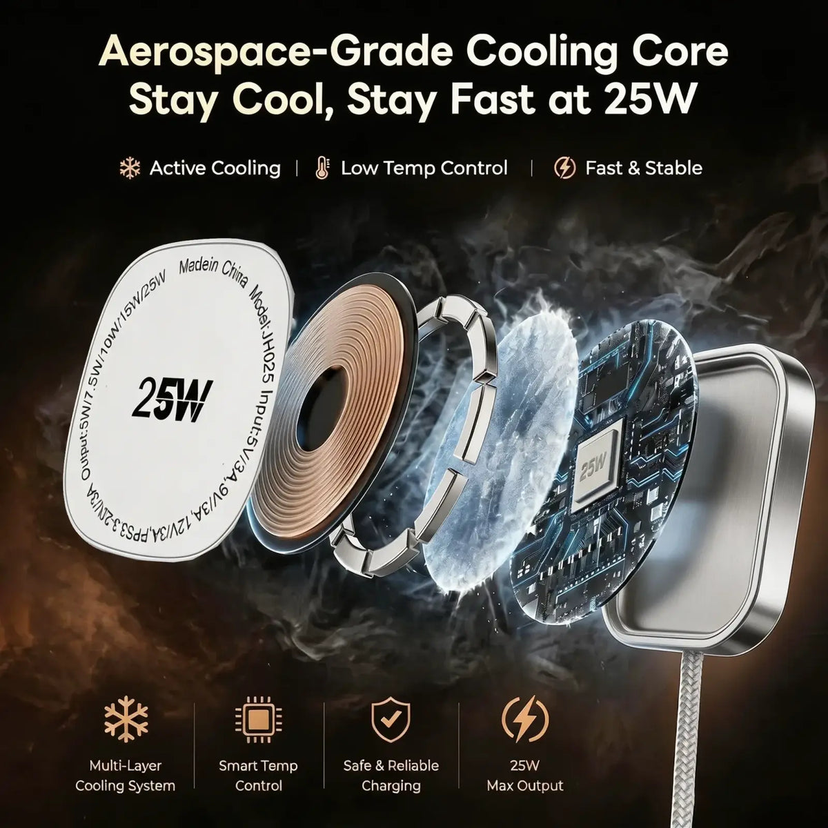 Timess 25w magnetic wireless charging pad with aerospace-grade cooling and metallic finish showing internal components
