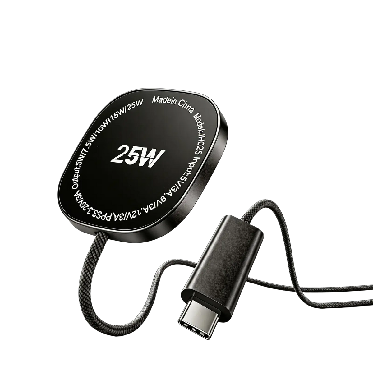 Timess 25w black magnetic wireless charging pad with braided cable and usb-c connector for fast charging