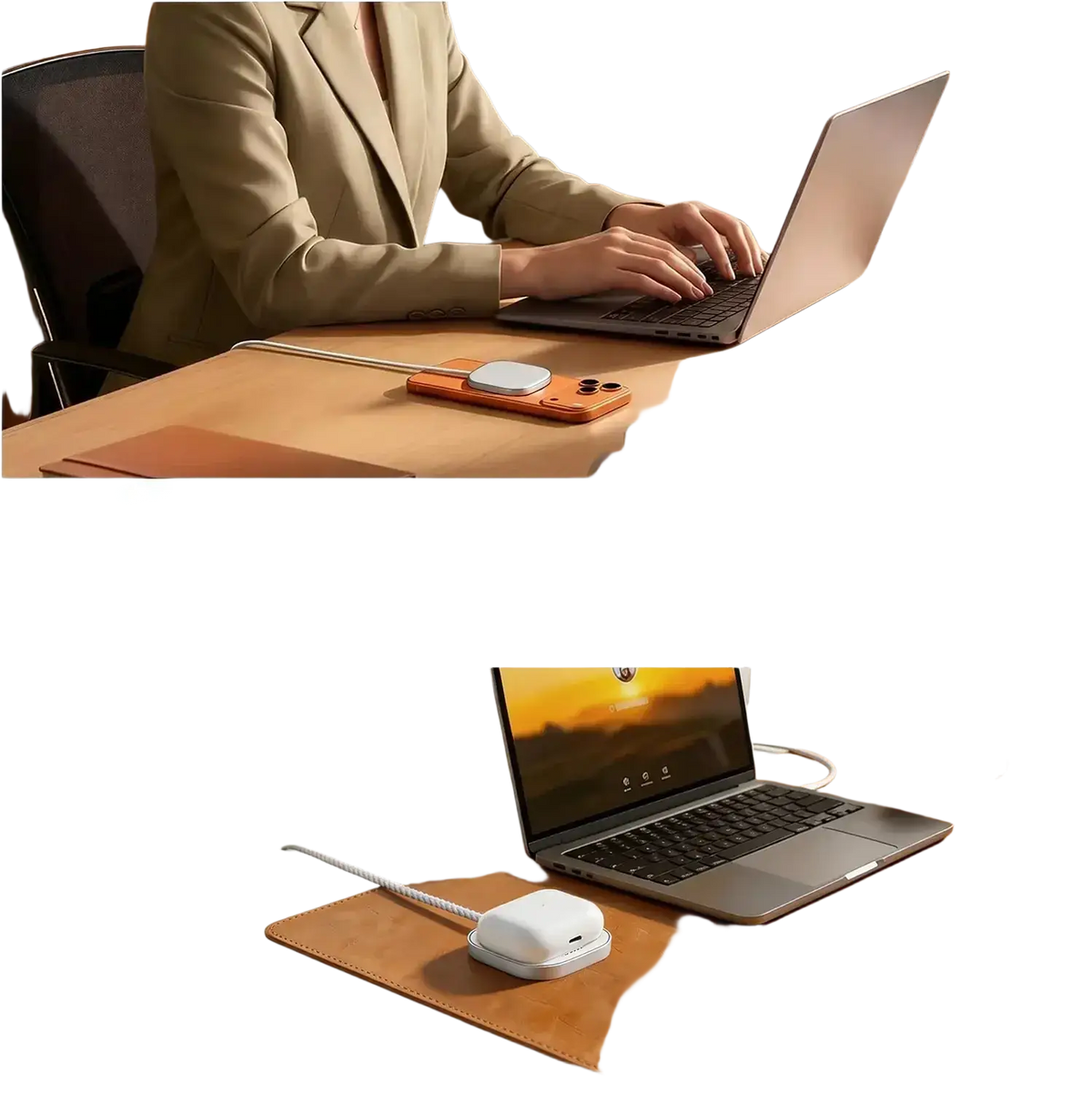 Timess 25w magnetic wireless charging pad in orange with circular silver top surface for wireless charging
