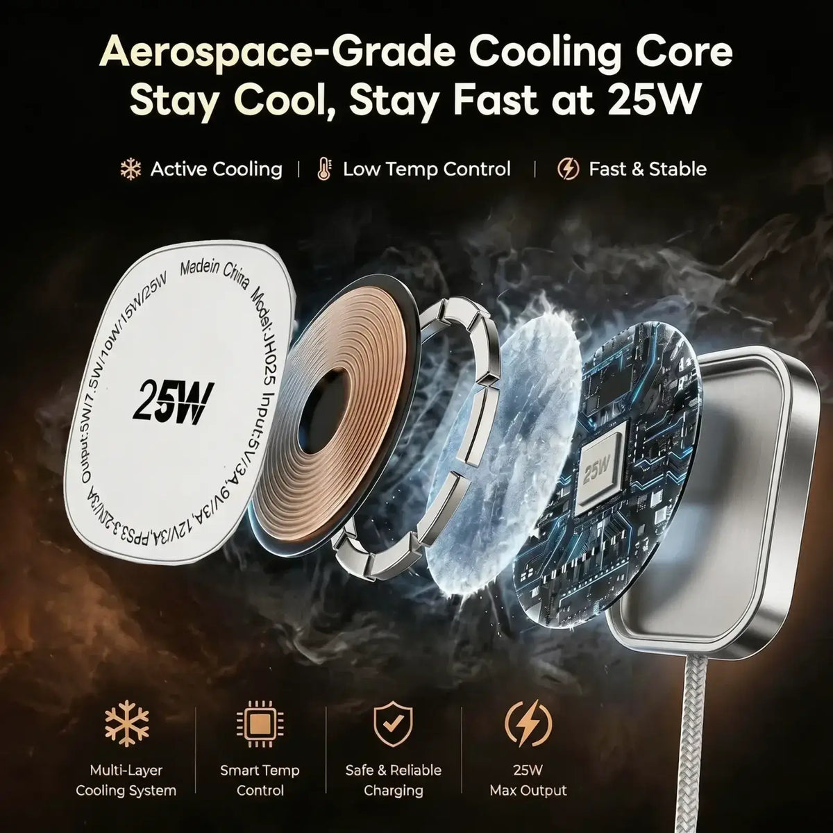 Silver Timess 25w magnetic wireless charging pad with aerospace-grade cooling core and circuit board design for wireless charging