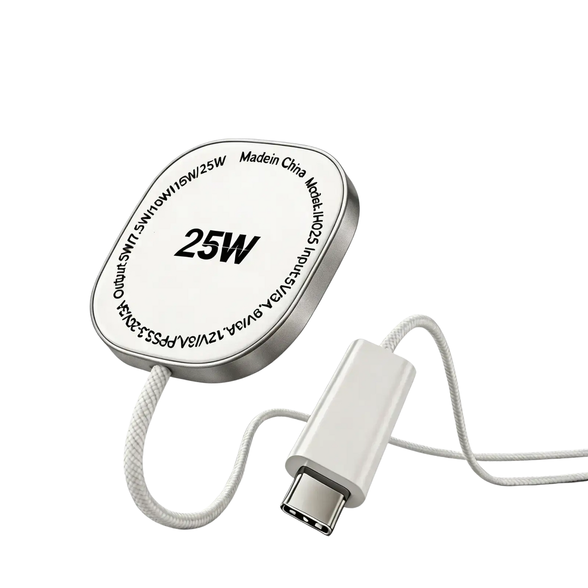 Timess 25w white magnetic wireless charging pad with silver metallic edge and braided cable for fast charging