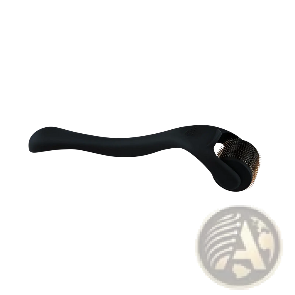 Black titanium beard roller with 540 microneedles features a smooth ergonomic handle and dense fine metallic needles