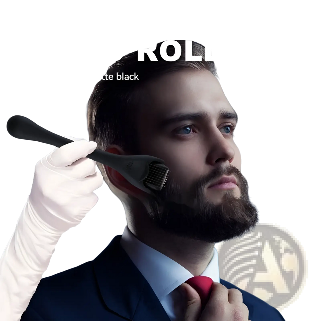 Titanium matte black beard roller featuring 540 microneedle scroll wheel for effective grooming and skin care