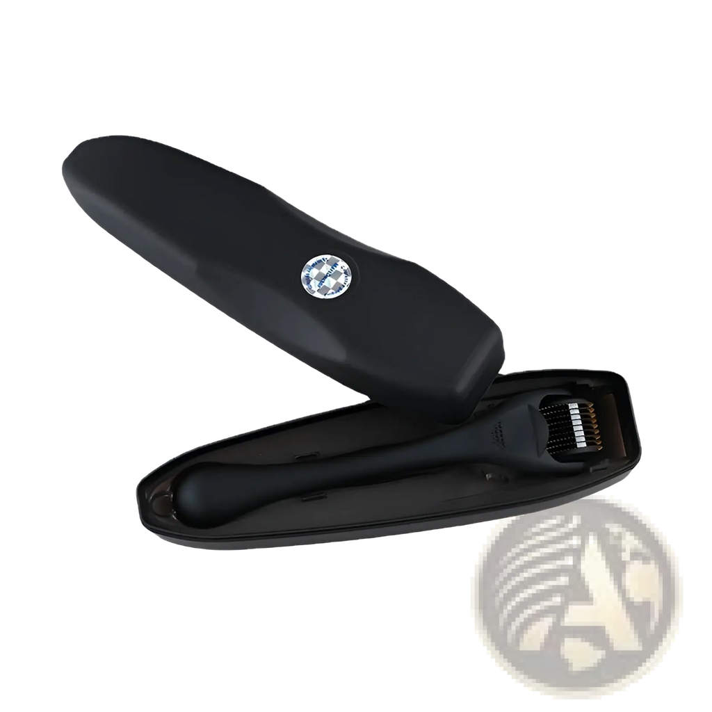 Black plastic titanium beard roller with 540 fine metallic microneedles and matching black case with circular logo