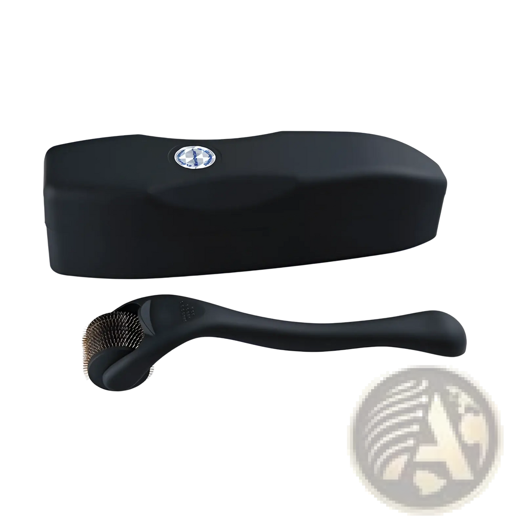 Black titanium beard roller with 540 metallic microneedles and matching case featuring silver emblem
