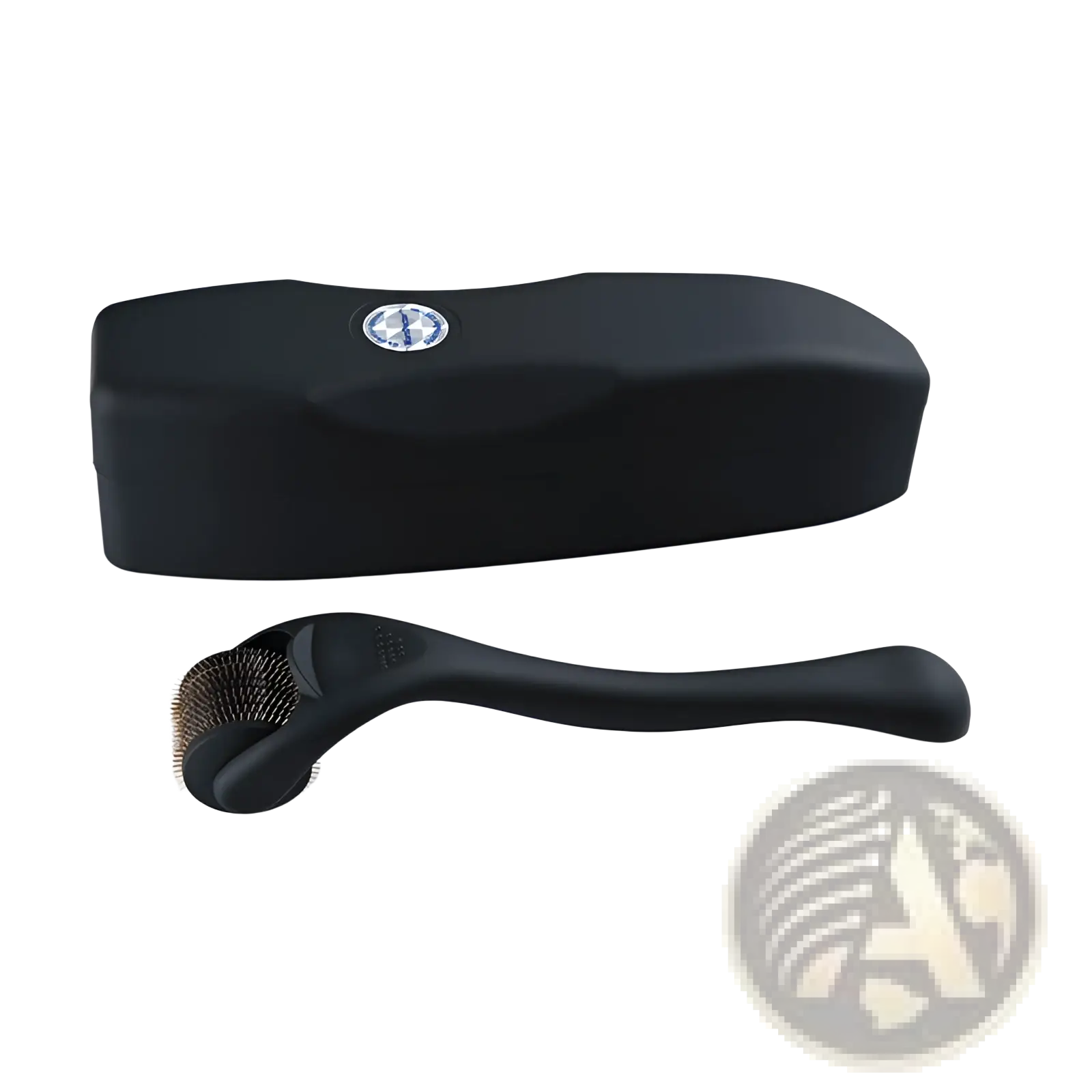 Black titanium beard roller with 540 metallic microneedles and matching case featuring silver emblem
