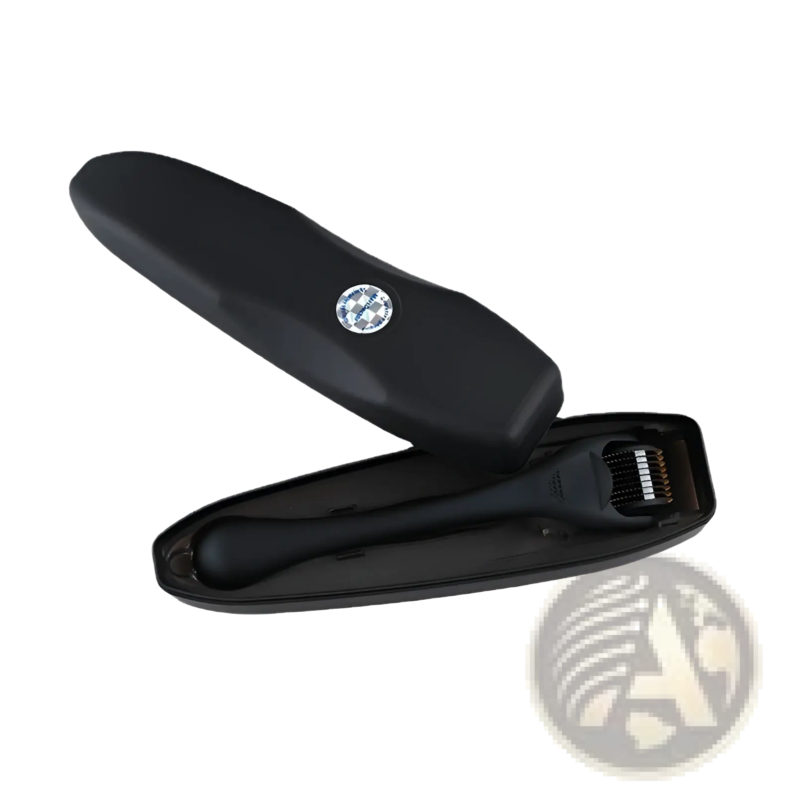Black titanium beard roller with 540 microneedles and matching black case featuring circular logo on lid