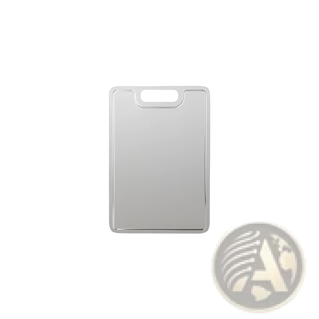 Silver titanium cutting board with a smooth reflective surface and rounded corners for portable metal chopping