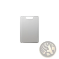 Silver titanium cutting board with a smooth reflective surface and rounded corners for portable metal chopping