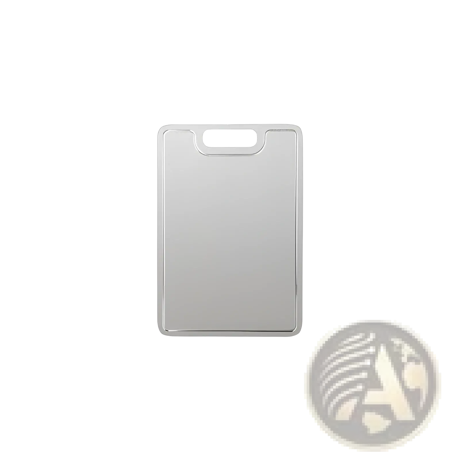 Silver titanium cutting board with a smooth reflective surface and rounded corners for portable metal chopping
