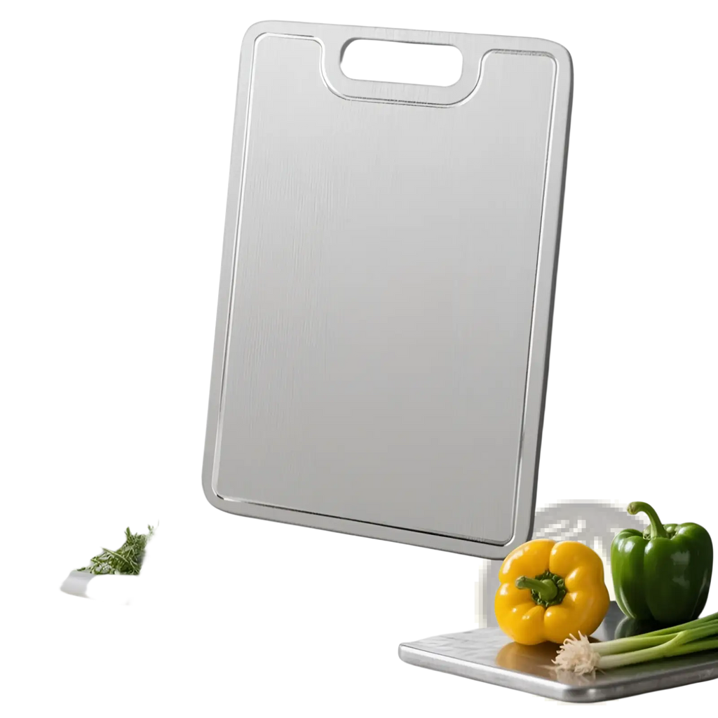 Rectangular titanium cutting board with brushed stainless steel finish and integrated handle for portable use